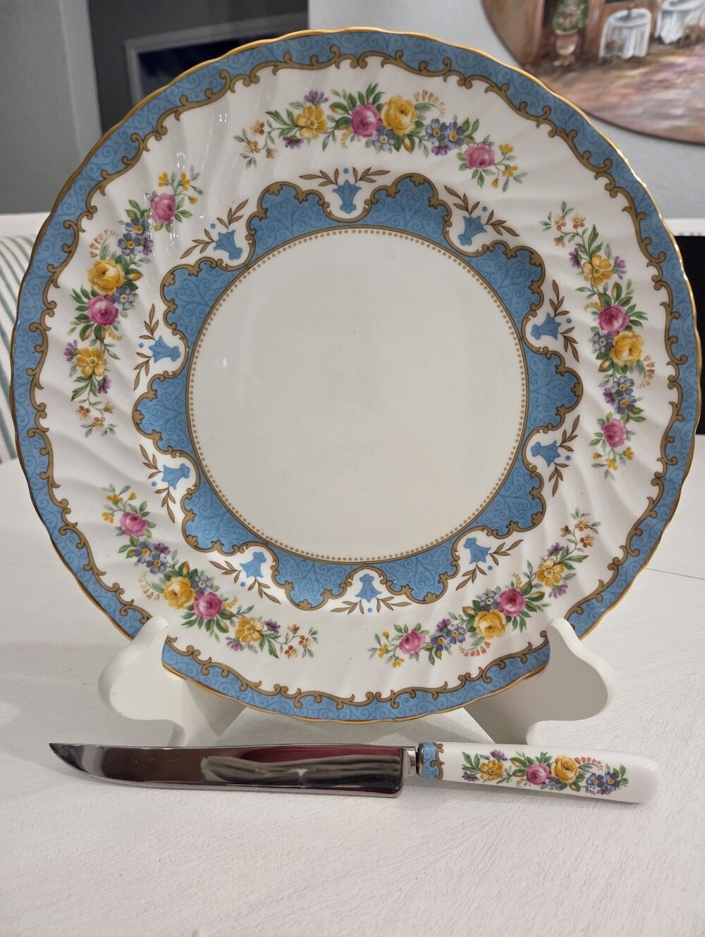 Vtg Crown Staffordshire "Lyric Tunis Blue" Cake Plate & Knife